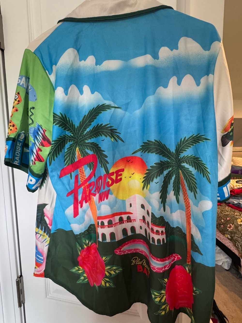 Silky Coral Bay Multi-Color Satin Tropical Button-Down Shirt - Picture 4 of 4